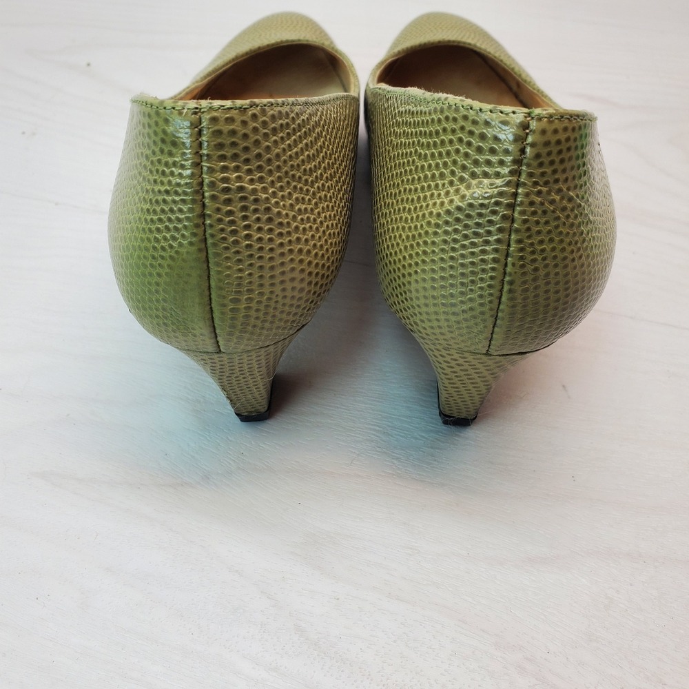 Johansen Vntg Lizard Embossed Leather Heels Olive Green Pointed Toe Pumps Size 5 - Picture 11 of 12